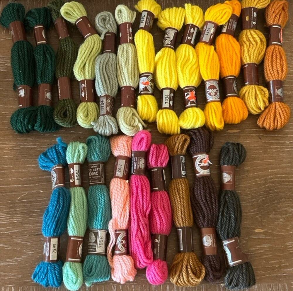 Vtg DMC 100% Wool Yarn Lot of 22 Skeins Made in France Pink, Blue, Green, Yellow